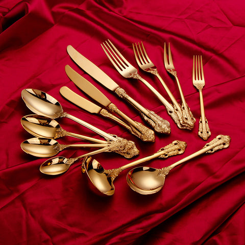 13pcs Gold Royal Style Vintage Carving Flatware Set